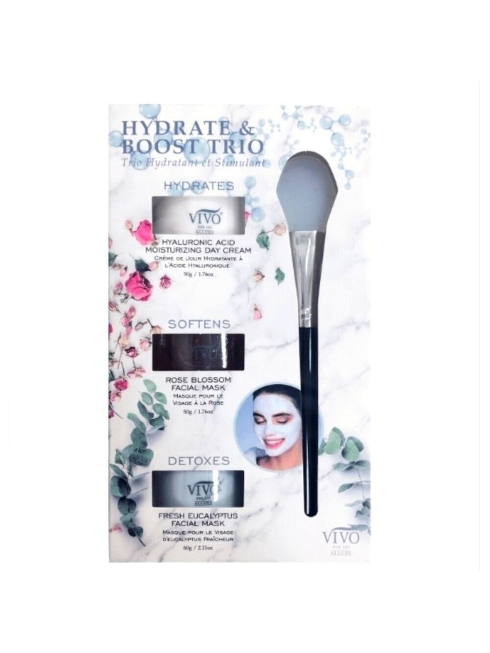 VIVO HYDRATE BOOST TRIO DAY CREAM ROSE BLOSSOM MASK EUCALYPTUS MASK